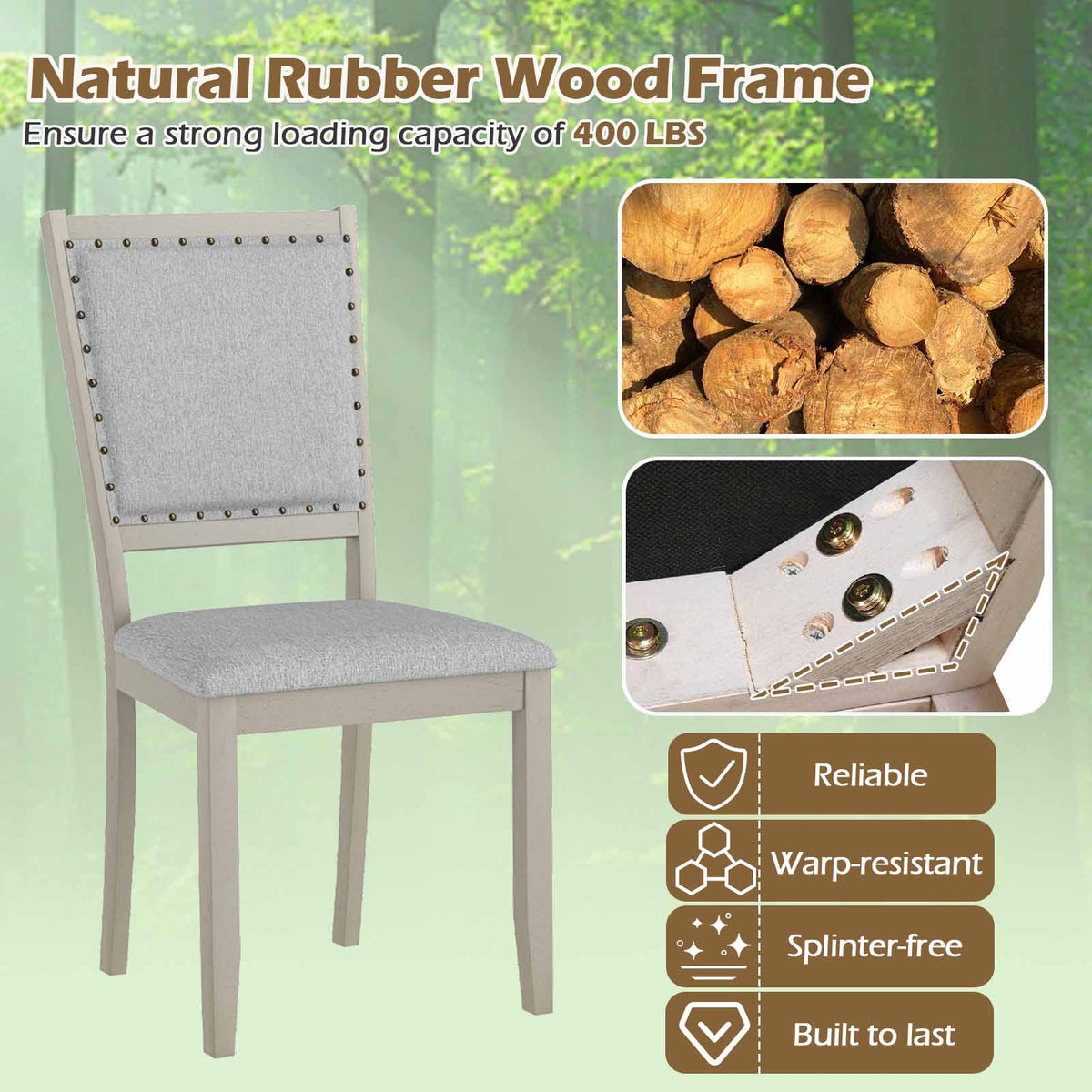 Grey Upholstered Farmhouse Dining Chairs – Set of 2