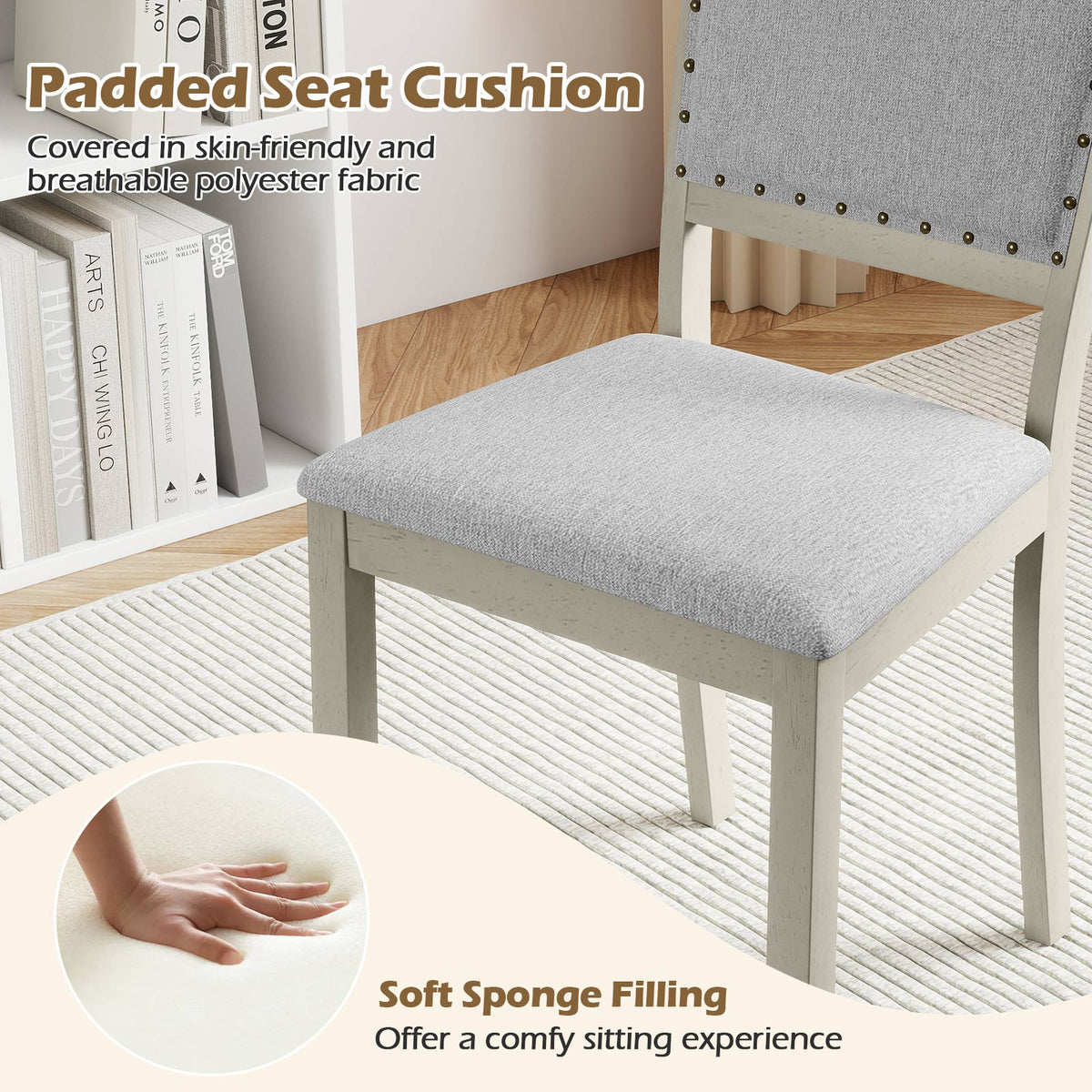 Grey Upholstered Farmhouse Dining Chairs – Set of 2