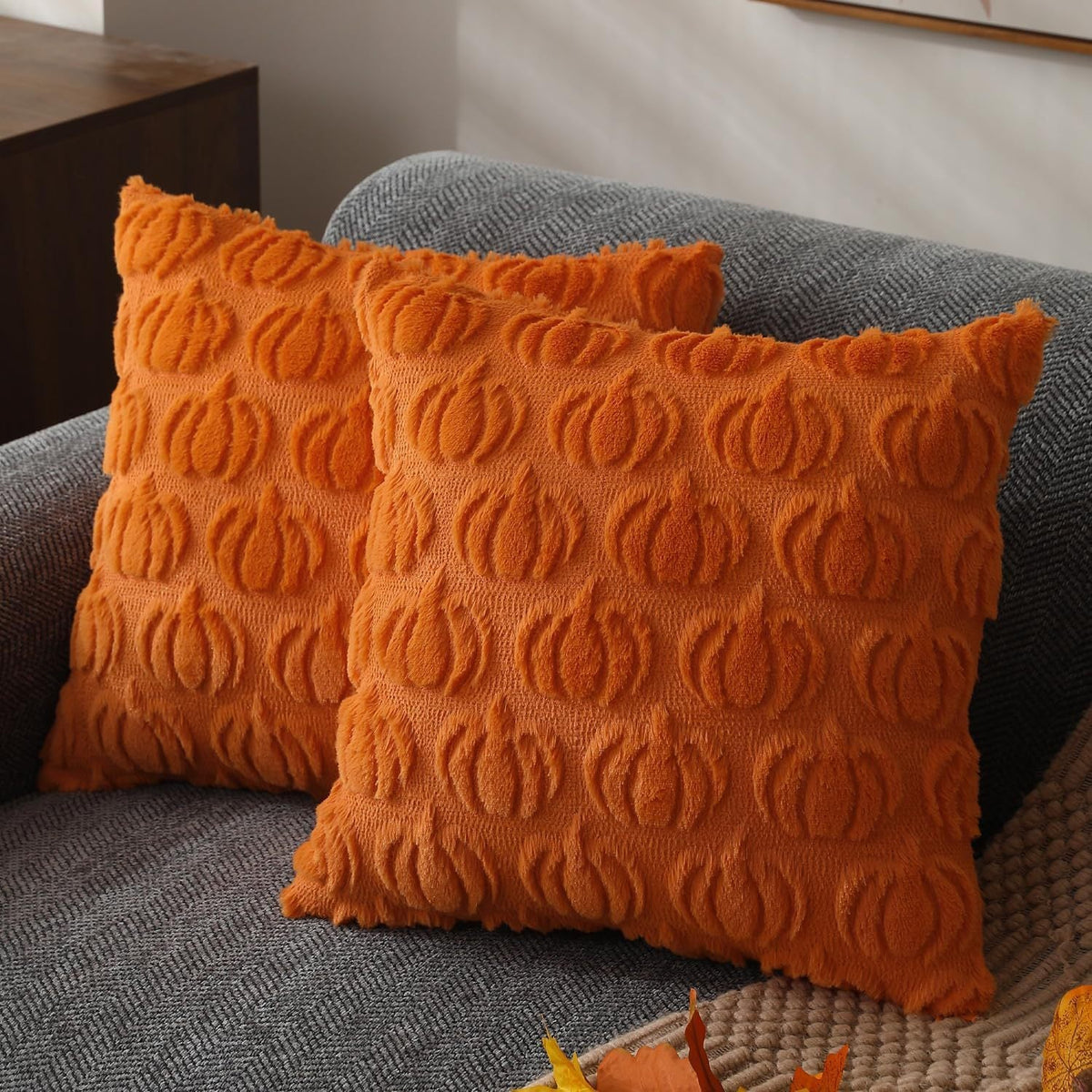 Rust Red Pumpkin Faux-Fur Pillow Covers – Set of 2