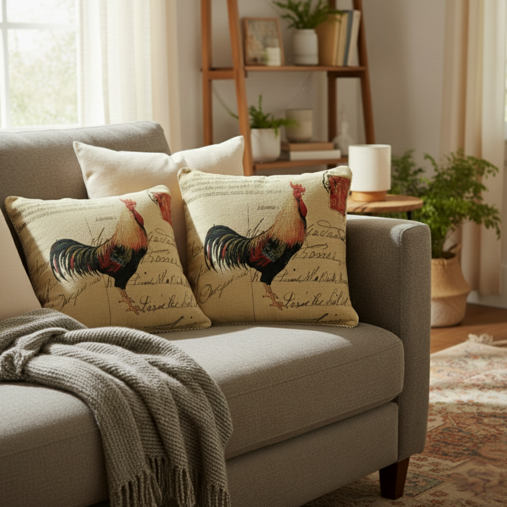 Vintage European Rooster Farmhouse Pillow Cover