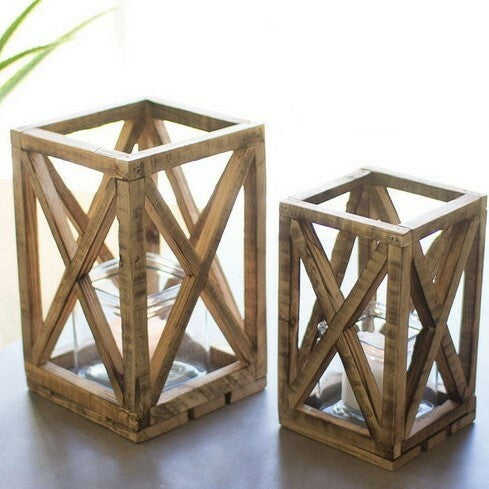 Rustic Wooden Farmhouse Lanterns with Glass Votives – Set of 2
