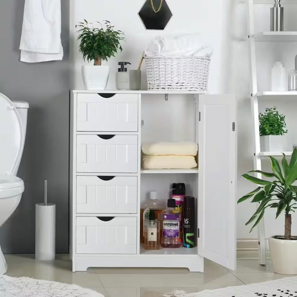 White Farmhouse 4-Drawer Bathroom Linen Cabinet