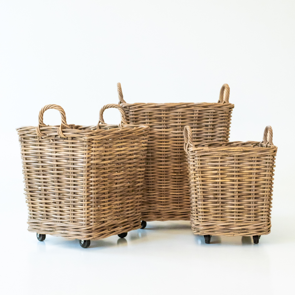 Kubu Rattan Farmhouse Storage Basket on Wheels