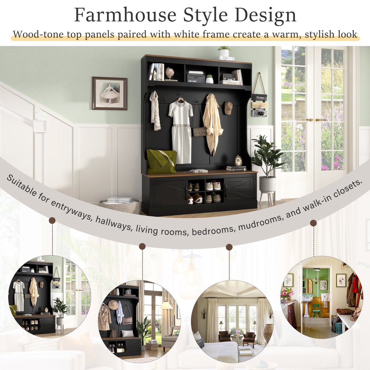 Farmhouse Hall Tree with Bench & Shoe Storage