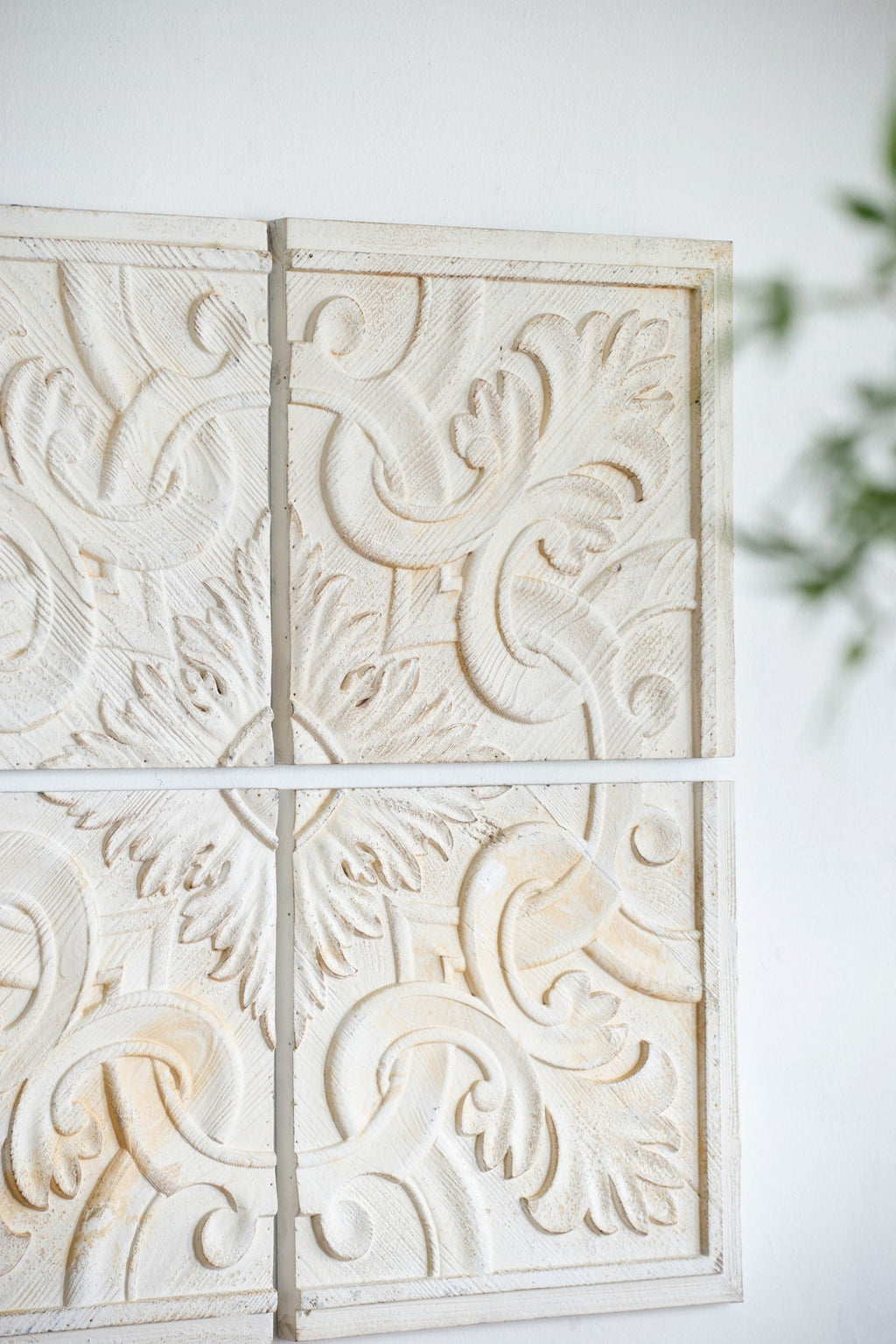 Distressed White Carved Wood Wall Panels – Set of 4