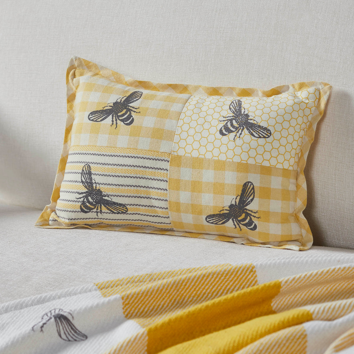 Patchwork Bee Farmhouse Lumbar Pillow