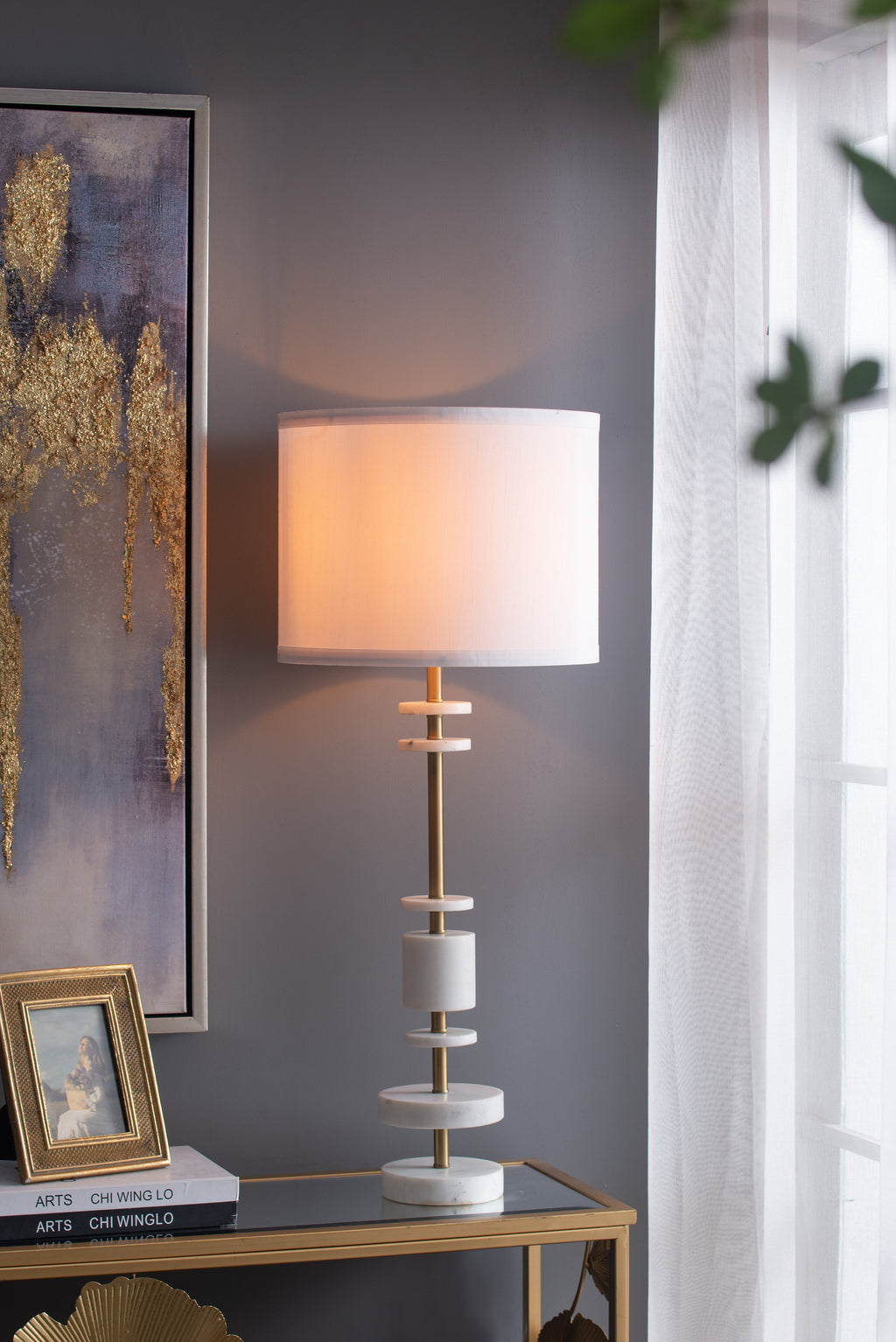 White Marble & Brass Farmhouse Table Lamp