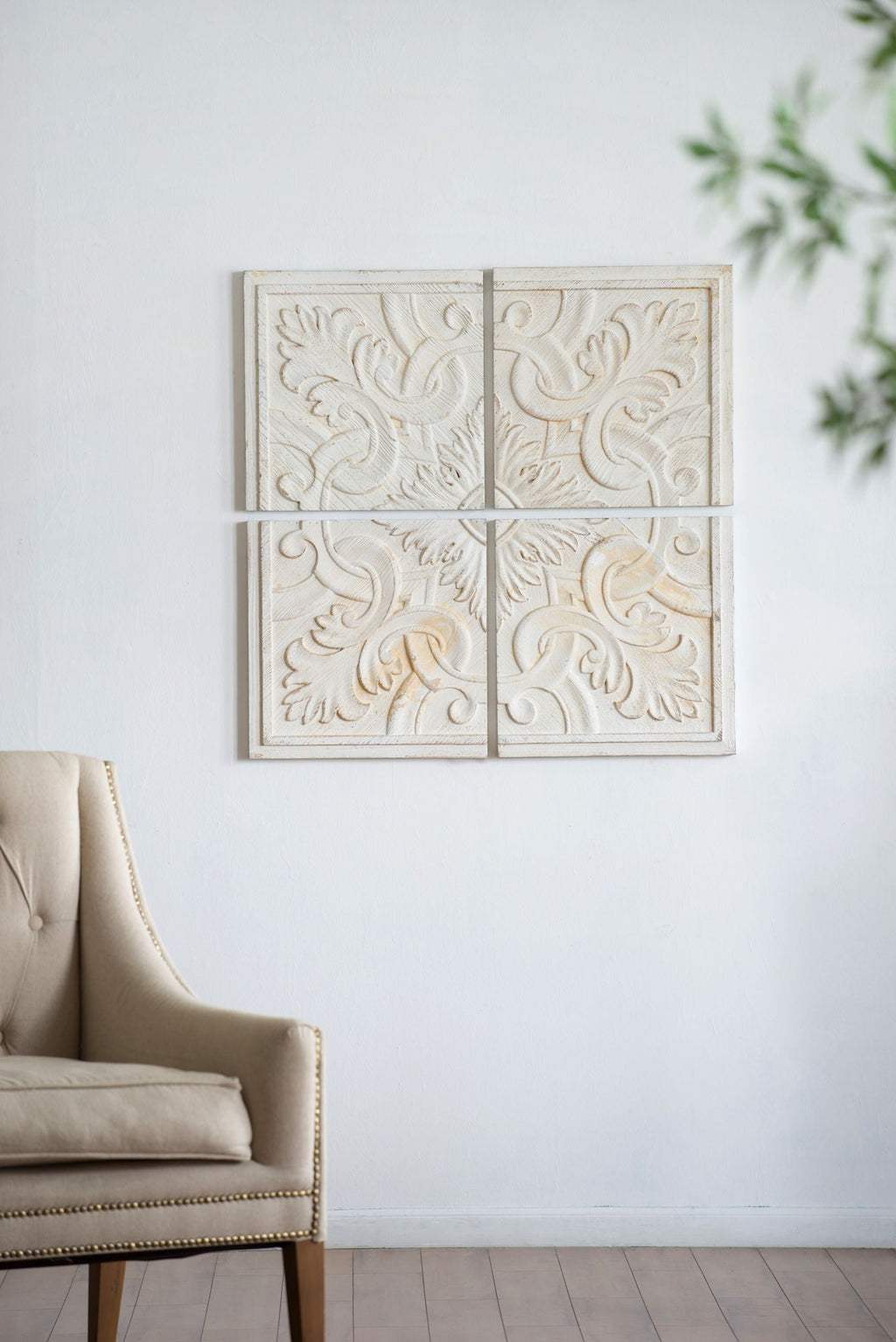 Distressed White Carved Wood Wall Panels – Set of 4