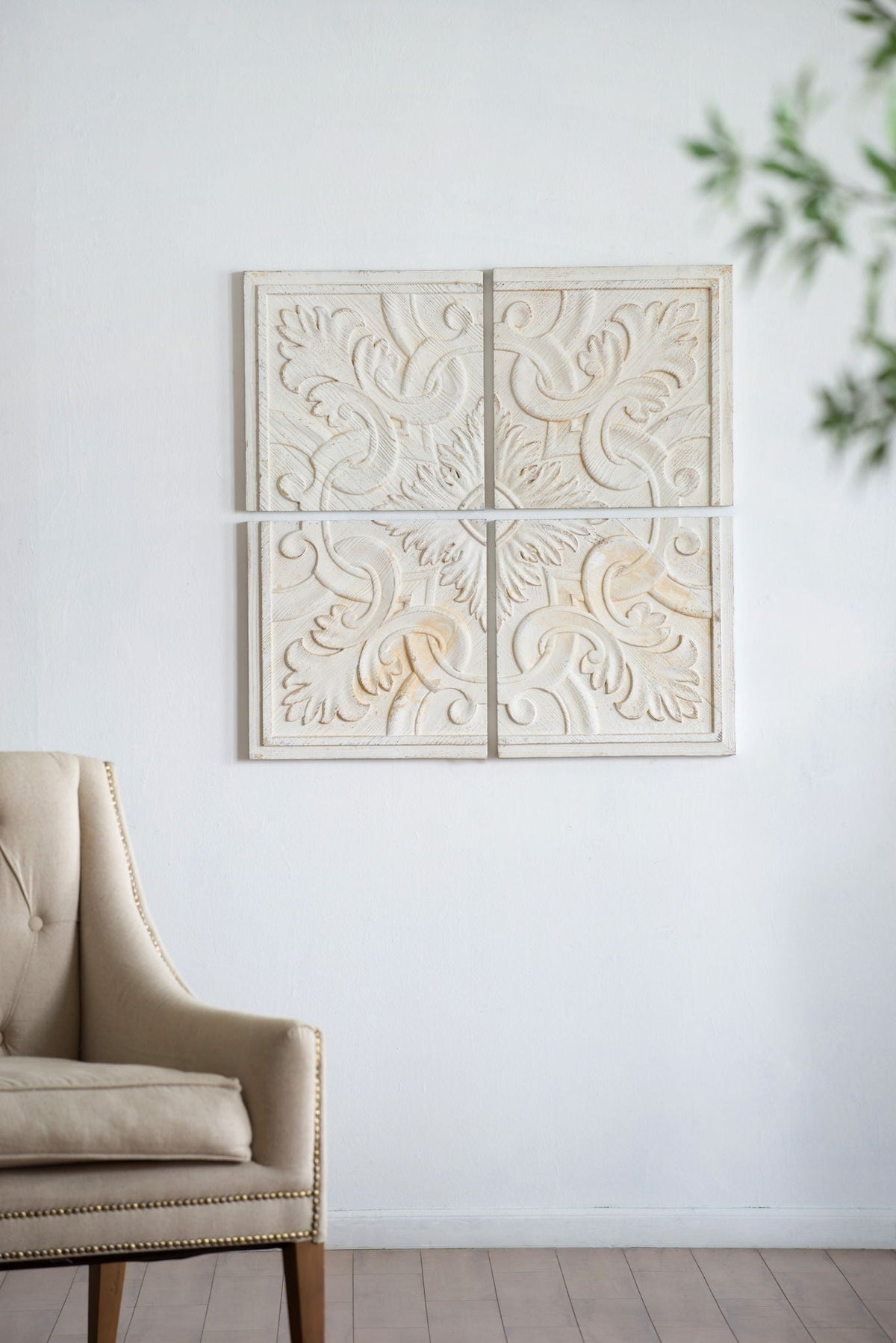 Distressed White Carved Wood Wall Panels – Set of 4