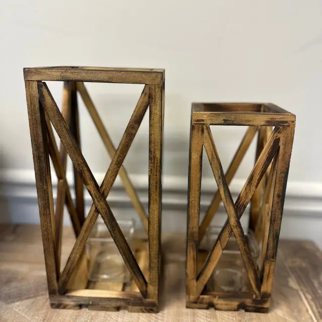 Rustic Wooden Farmhouse Lanterns with Glass Votives – Set of 2
