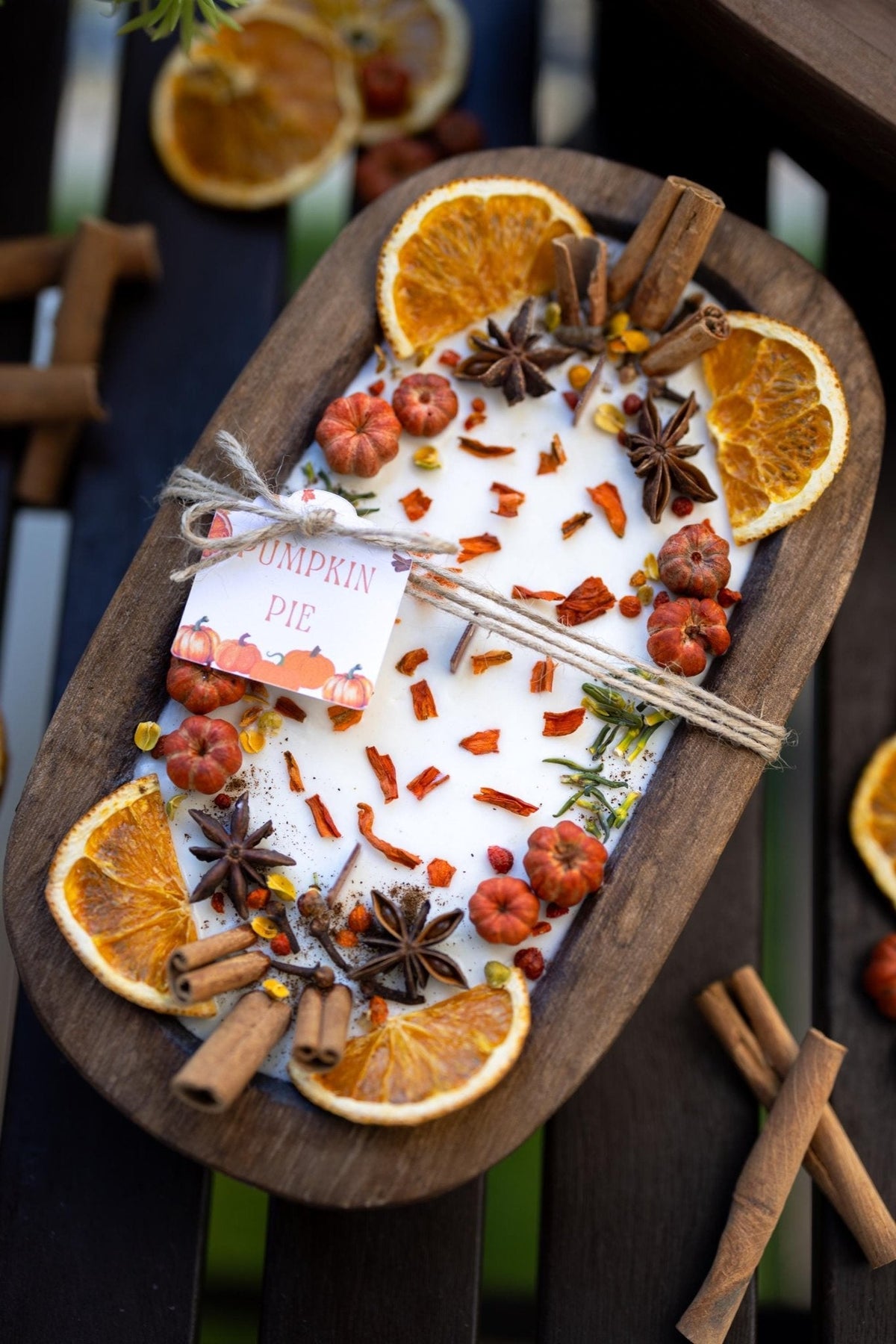 Rustic Wooden Pumpkin Dough Bowl Candle