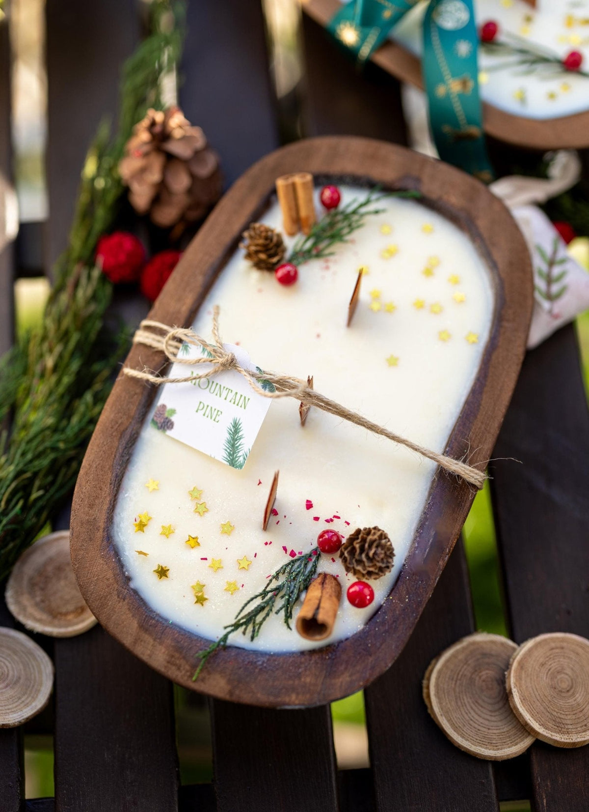 Christmas Wooden Dough Bowl Soy Candle