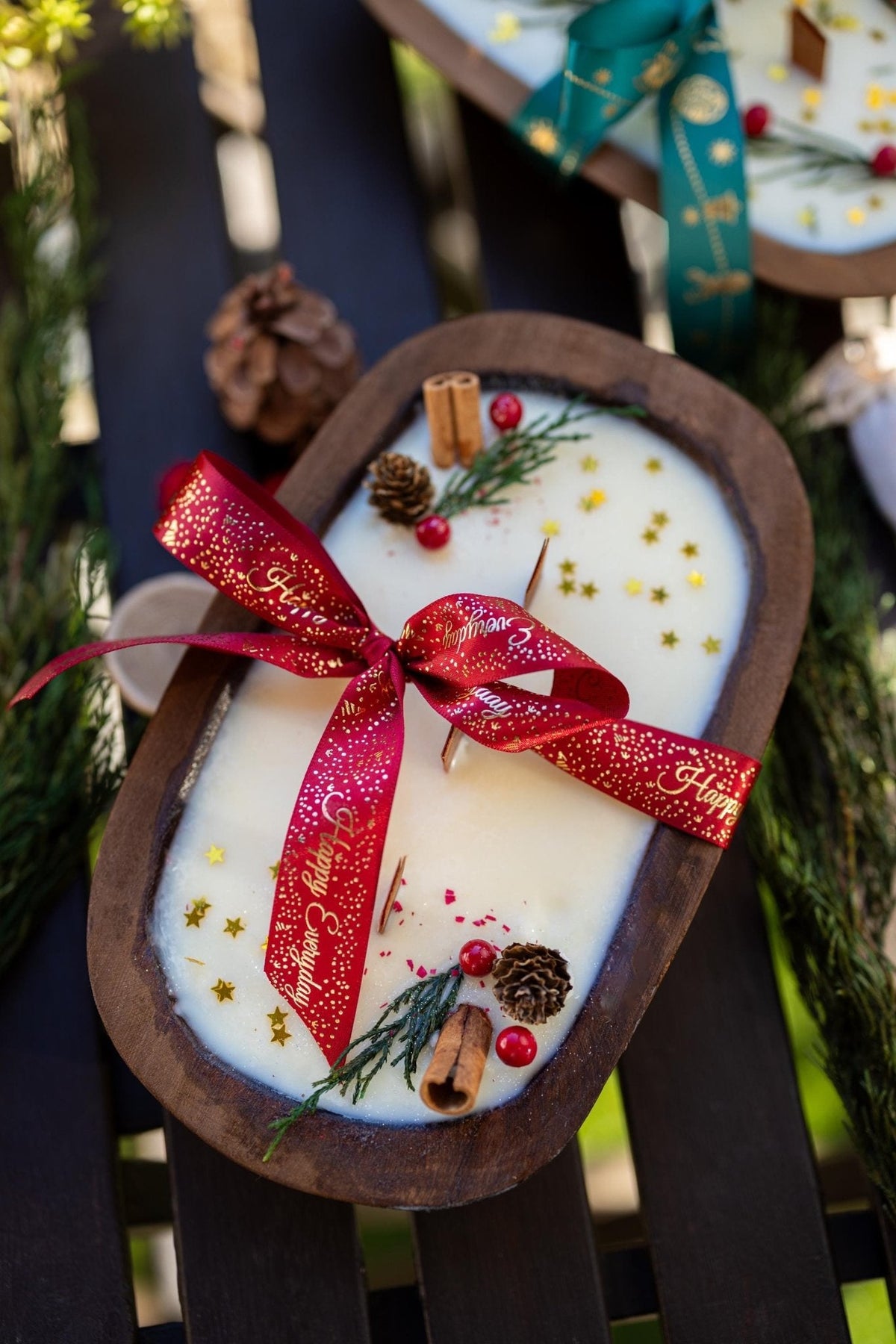 Christmas Wooden Dough Bowl Soy Candle