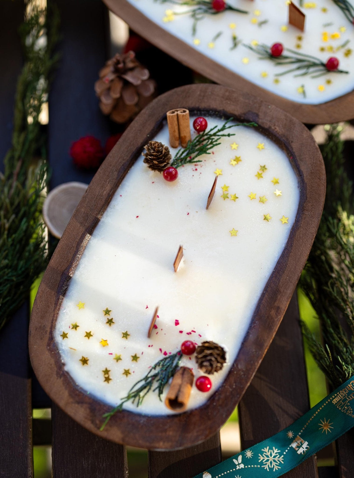 Christmas Wooden Dough Bowl Soy Candle