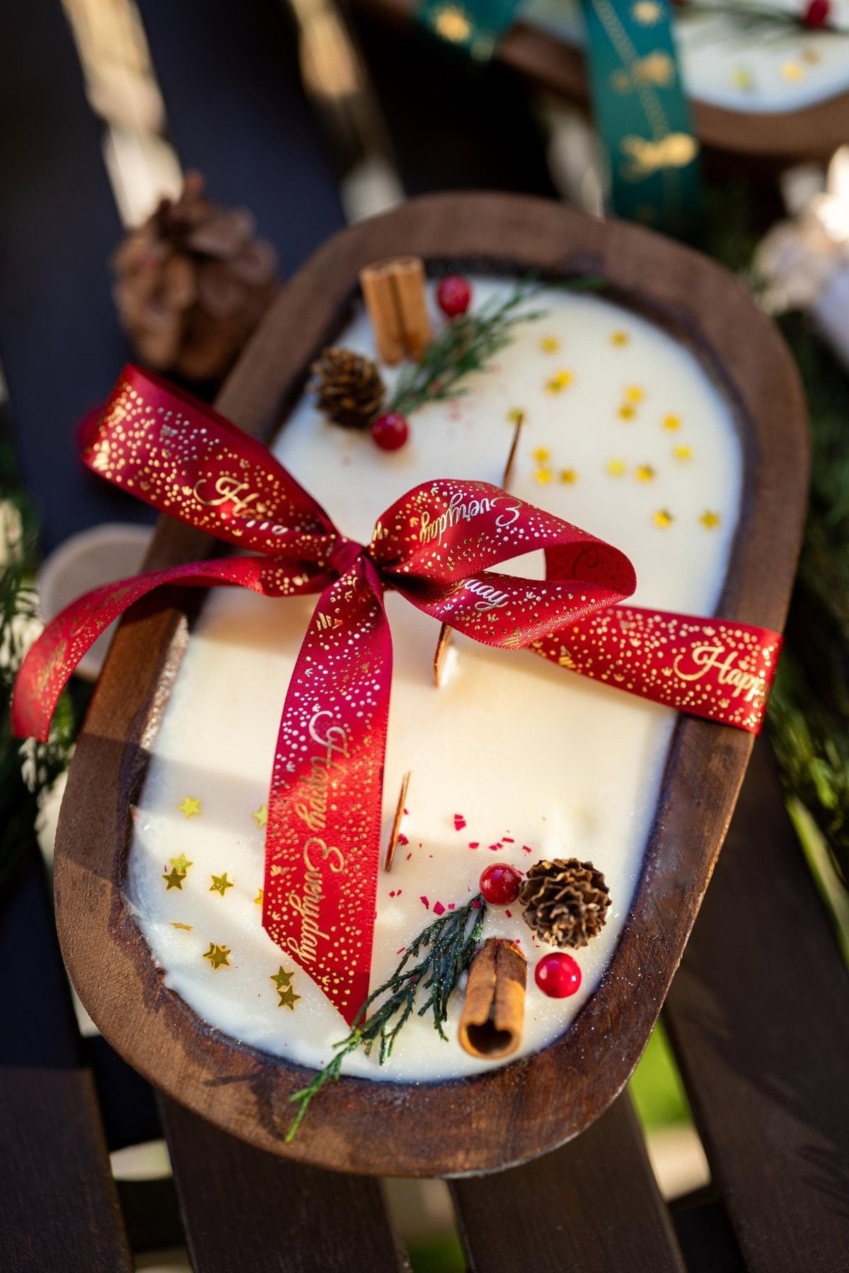 Christmas Wooden Dough Bowl Soy Candle