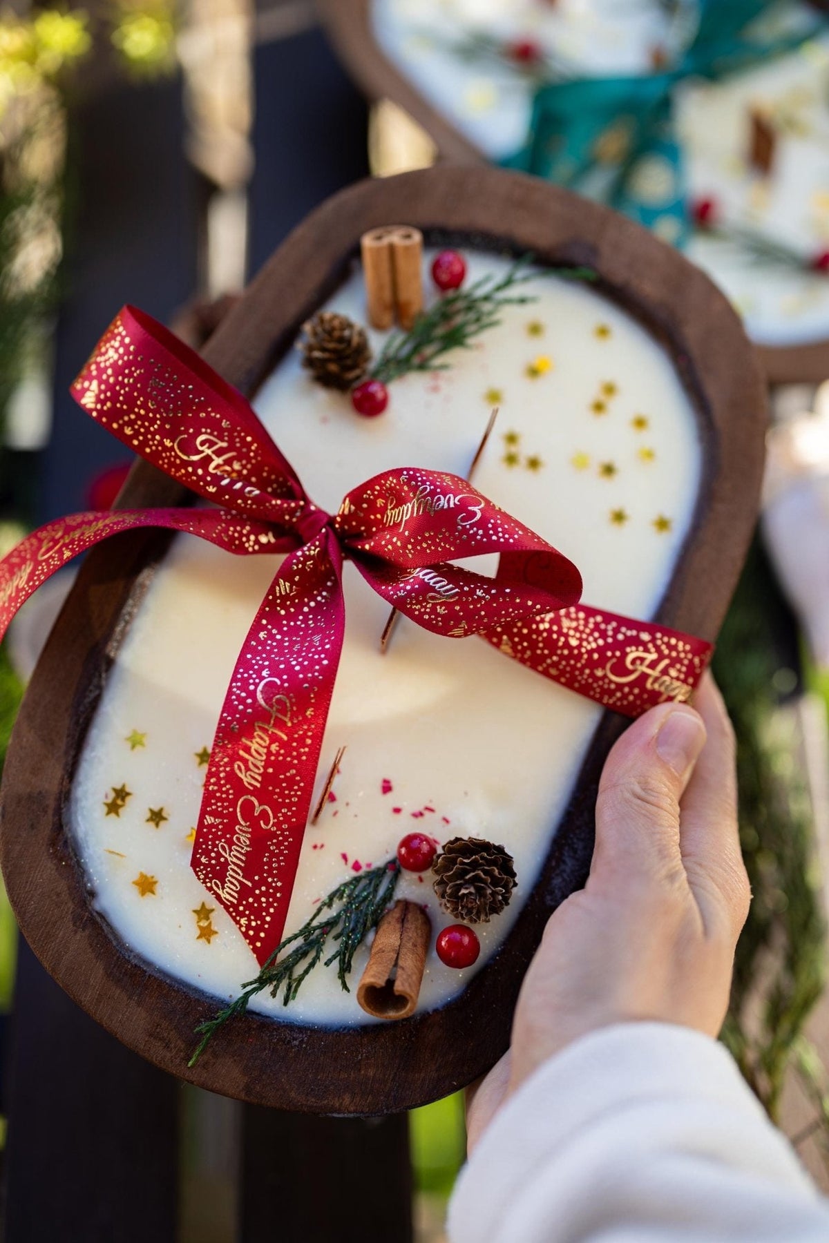 Christmas Wooden Dough Bowl Soy Candle