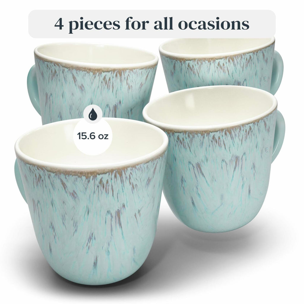 Beige & Blue Farmhouse Stoneware Mugs – Set of 4