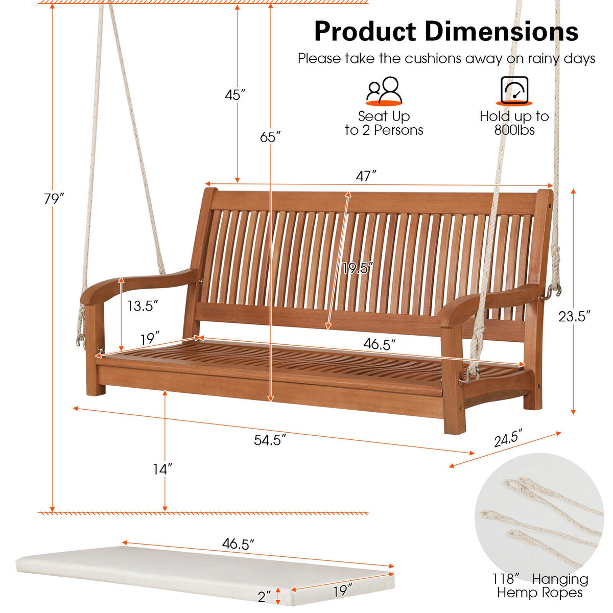 Curved-Back Wood Farmhouse Porch Swing with Cushion