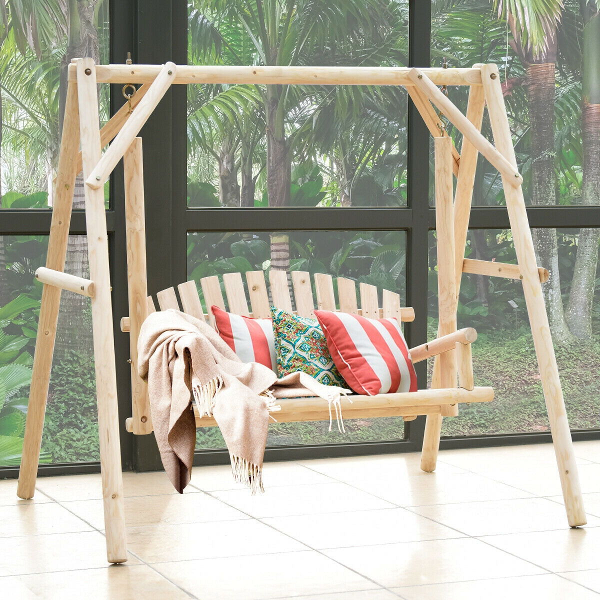 Rustic Curved-Back Wooden Farmhouse Porch Swing