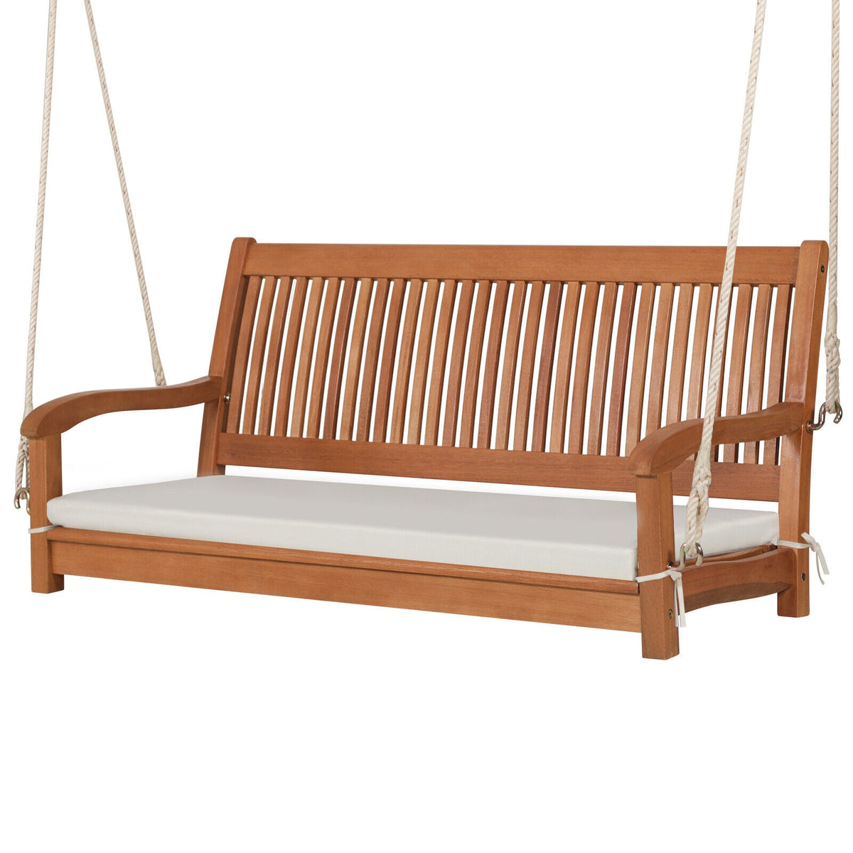 Curved-Back Wood Farmhouse Porch Swing with Cushion