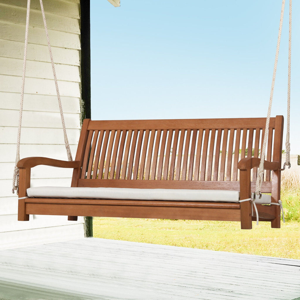 Curved-Back Wood Farmhouse Porch Swing with Cushion