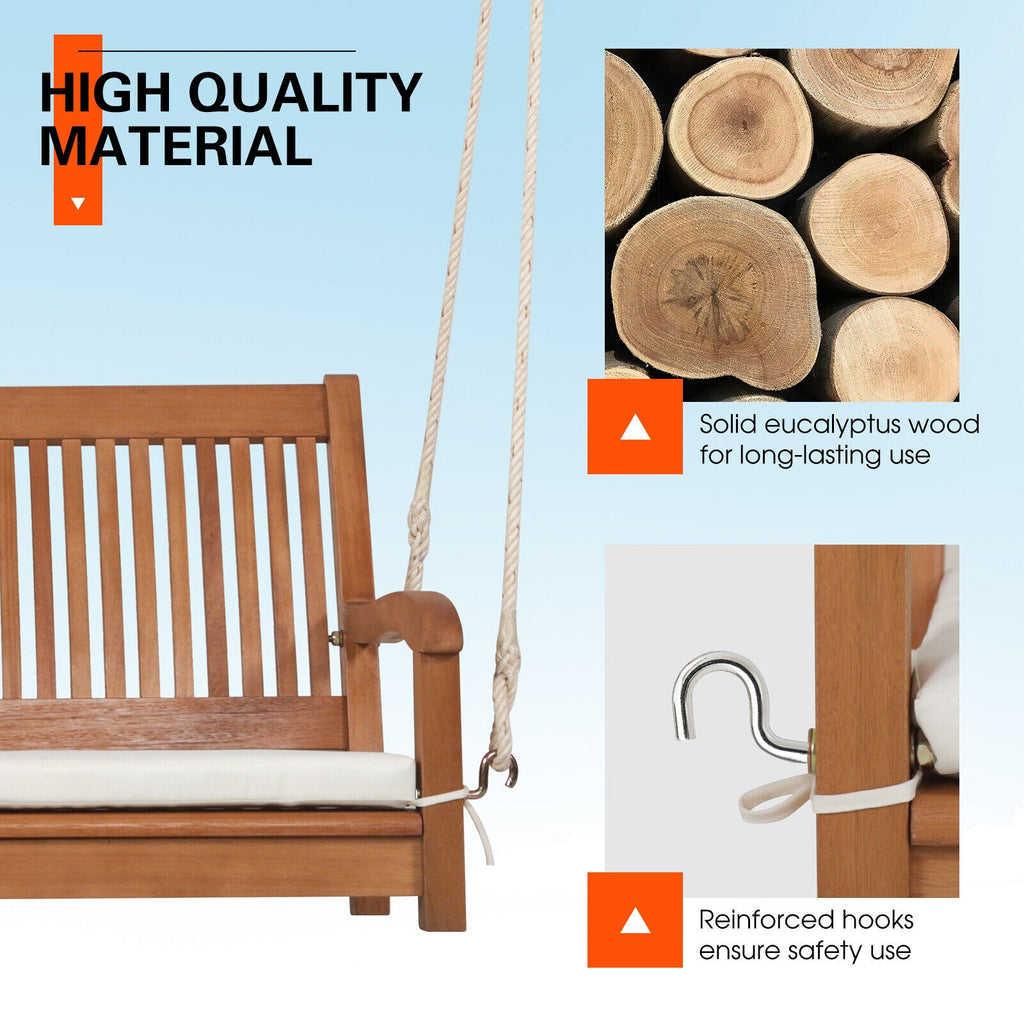 Curved-Back Wood Farmhouse Porch Swing with Cushion