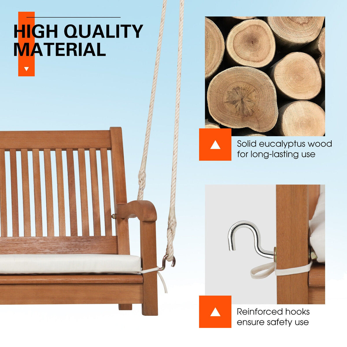 Curved-Back Wood Farmhouse Porch Swing with Cushion