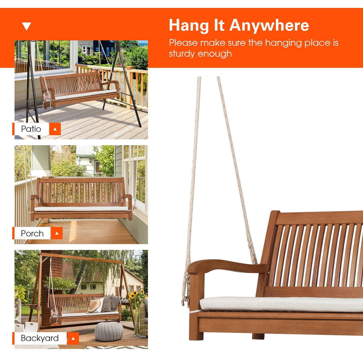 Curved-Back Wood Farmhouse Porch Swing with Cushion