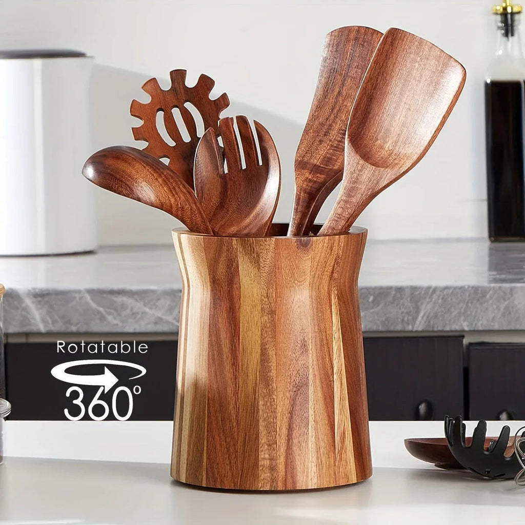 Acacia Wood Farmhouse Utensil Holder
