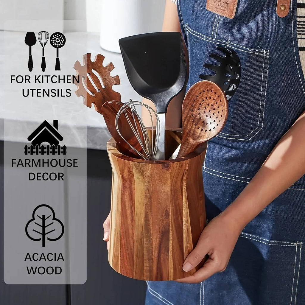 Acacia Wood Farmhouse Utensil Holder