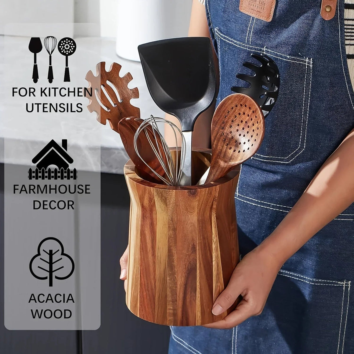 Acacia Wood Farmhouse Utensil Holder