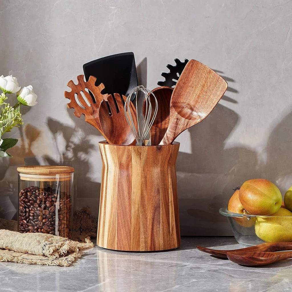 Acacia Wood Farmhouse Utensil Holder