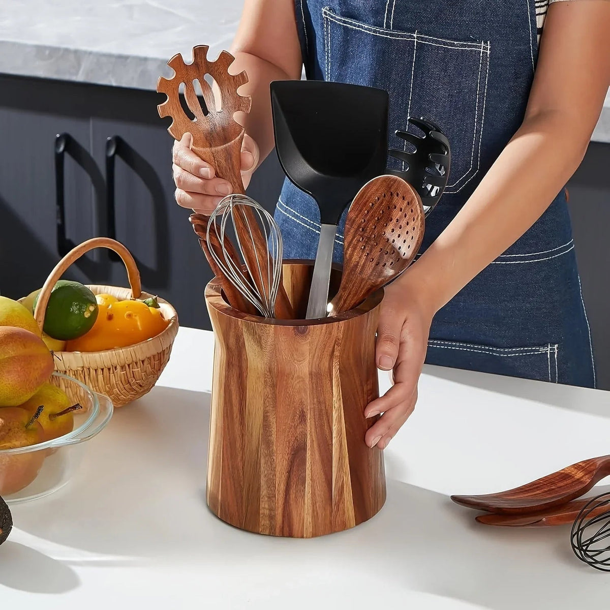 Acacia Wood Farmhouse Utensil Holder
